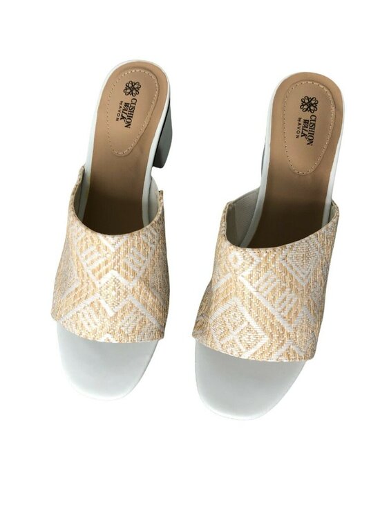 Avon Cushion Walk Slides Sandal Block Heel Womens 9 Beige Straw Weave Mules Shoe - Picture 3 of 11